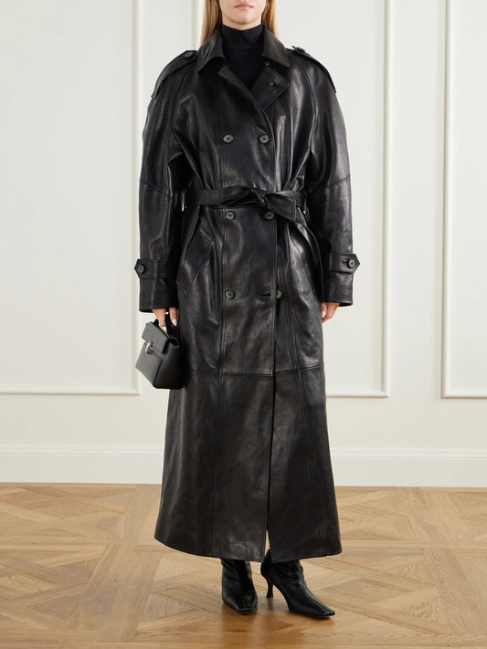 Image of Coats & Jackets. Product name - Double-breasted Full-grain Leather Trench Coat in Black colour by brand - Magda Butrym