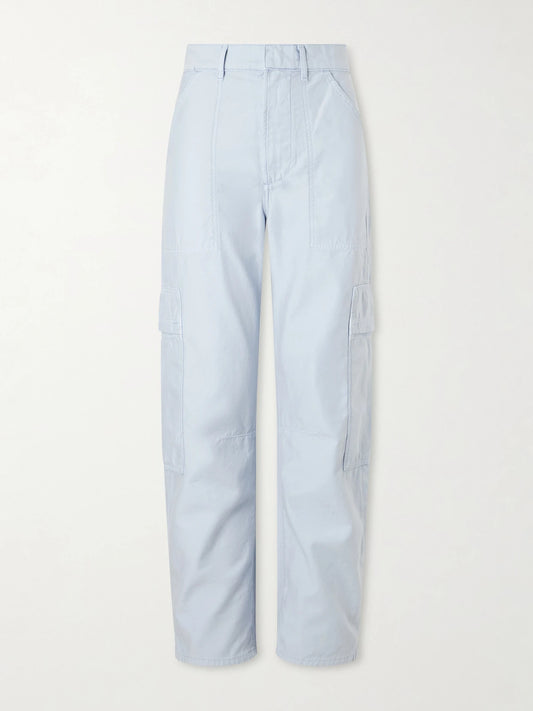 Image of a model wearing Pants. Product name - Marcelle Cotton Tapered Cargo Pants in Blue colour by brand - Citizens of Humanity