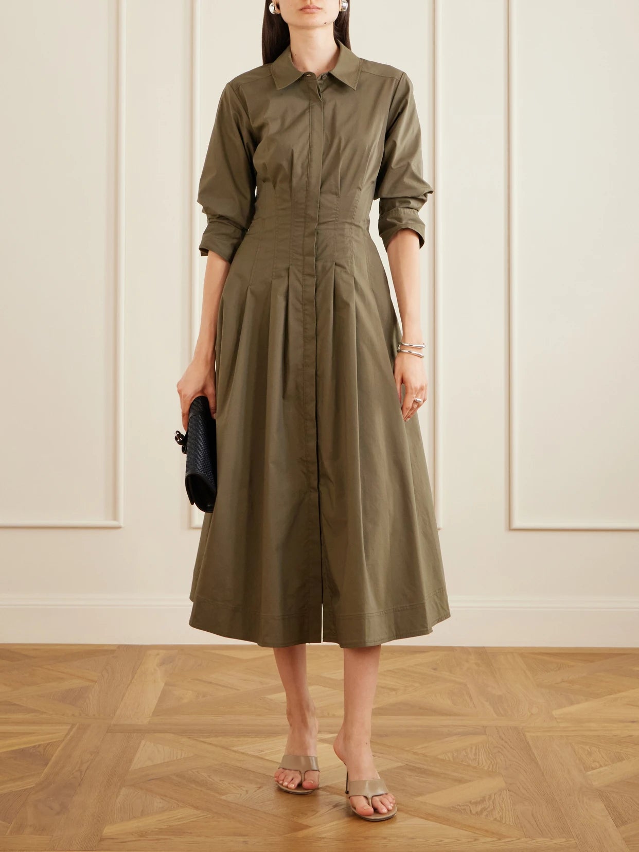 Image of Dresses. Product name - Jazz Pintucked Cotton-blend Poplin Midi Shirt Dress in Army green colour by brand - SIMKHAI