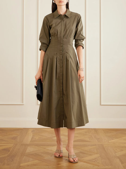 Image of Dresses. Product name - Jazz Pintucked Cotton-blend Poplin Midi Shirt Dress in Army green colour by brand - SIMKHAI