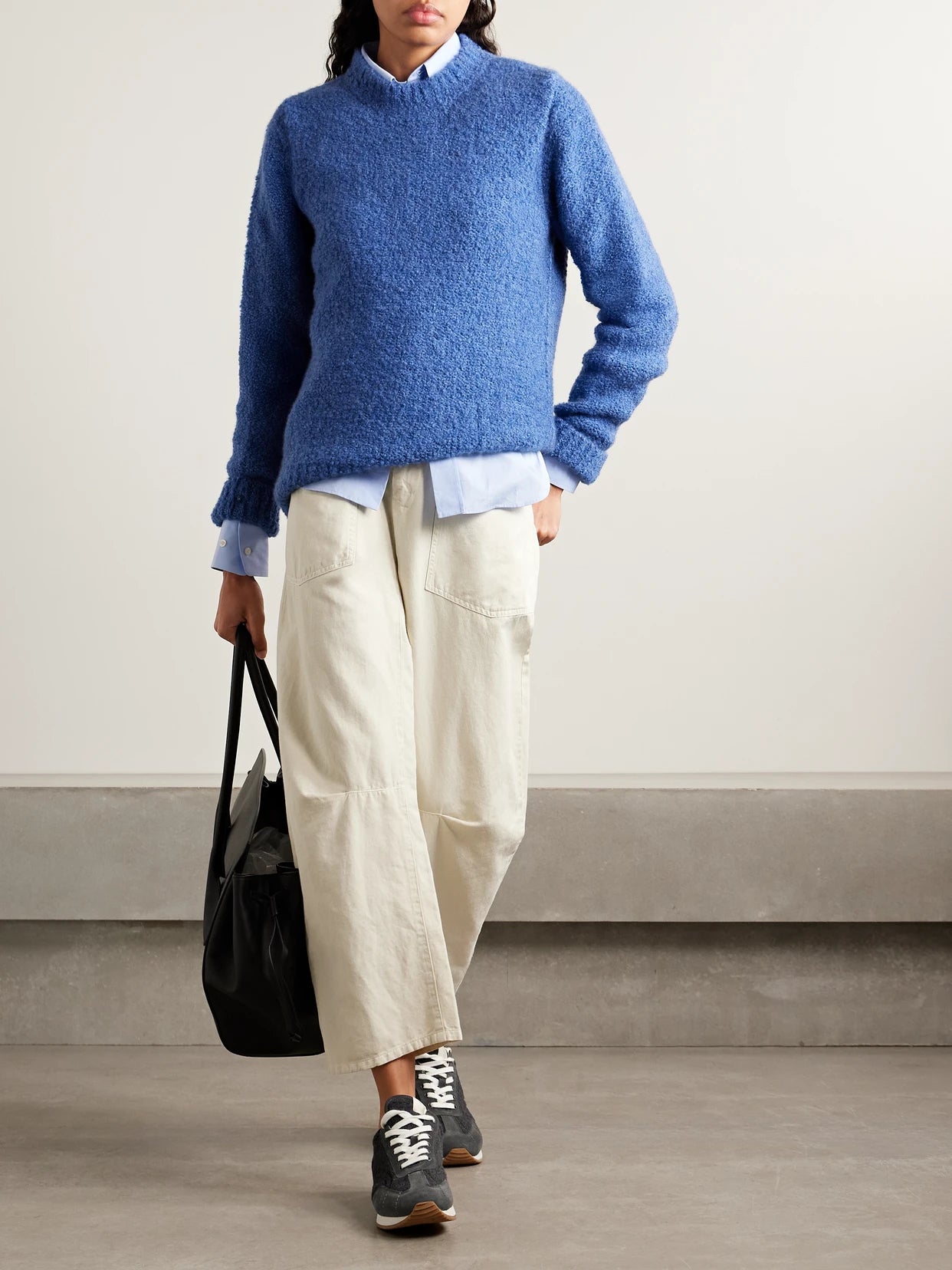 Image of a model wearing Outerwear. Product name - Cloud Cashmere-bouclé Sweater in Blue colour by brand - God's True Cashmere