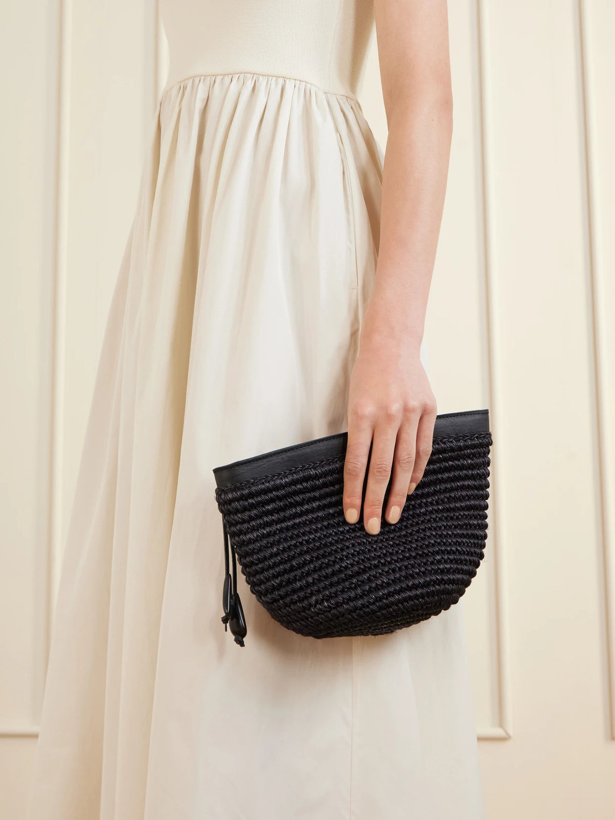 Image of Bags. Product name - Zip Leather-trimmed Raffia Clutch in Black colour by brand - Hunting Season