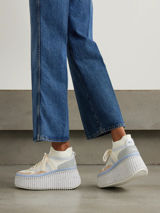 Nama Leather-trimmed Embroidered Suede And Mesh Platform Sneakers