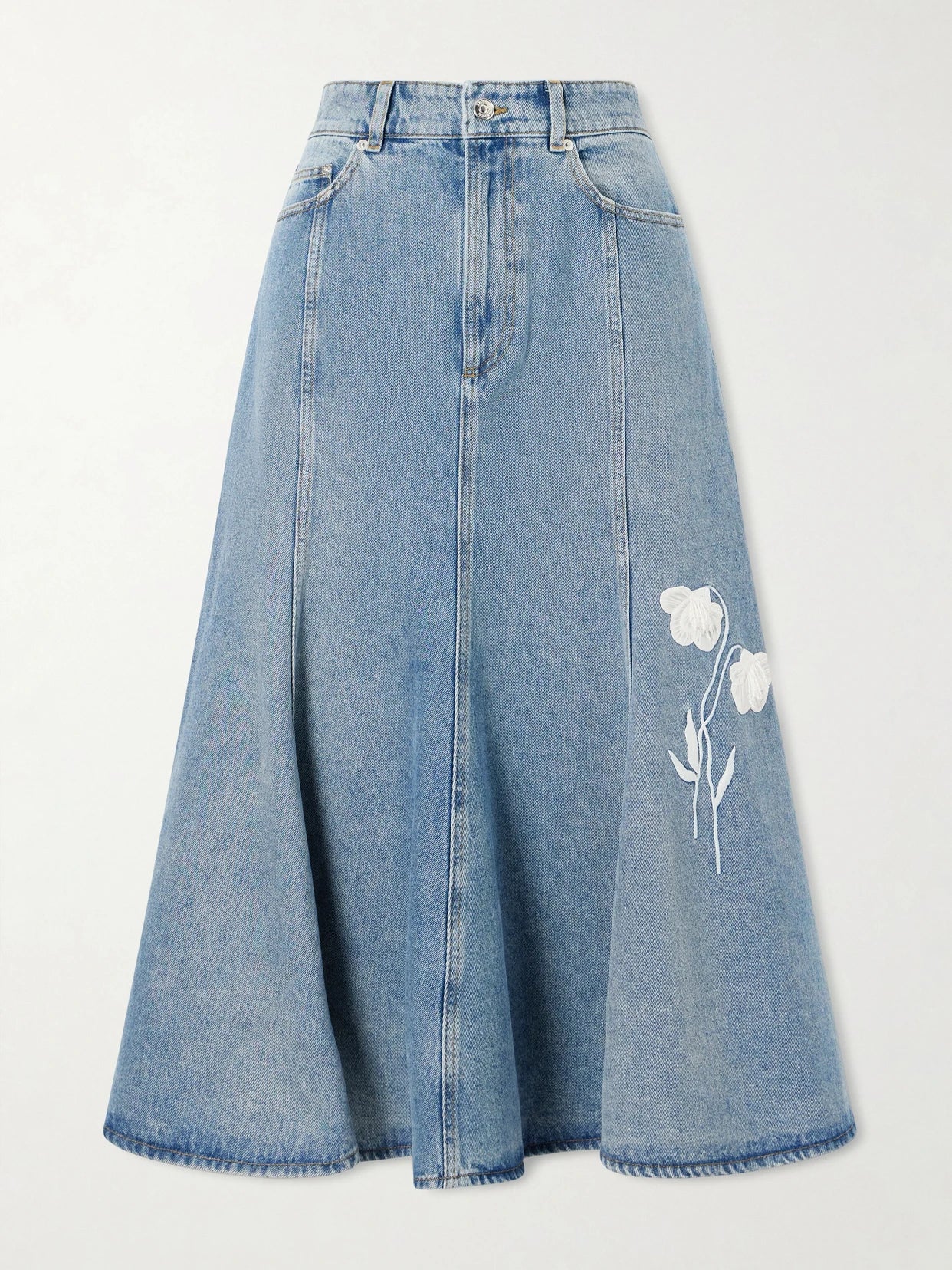 Embroidered Paneled Denim Midi Skirt