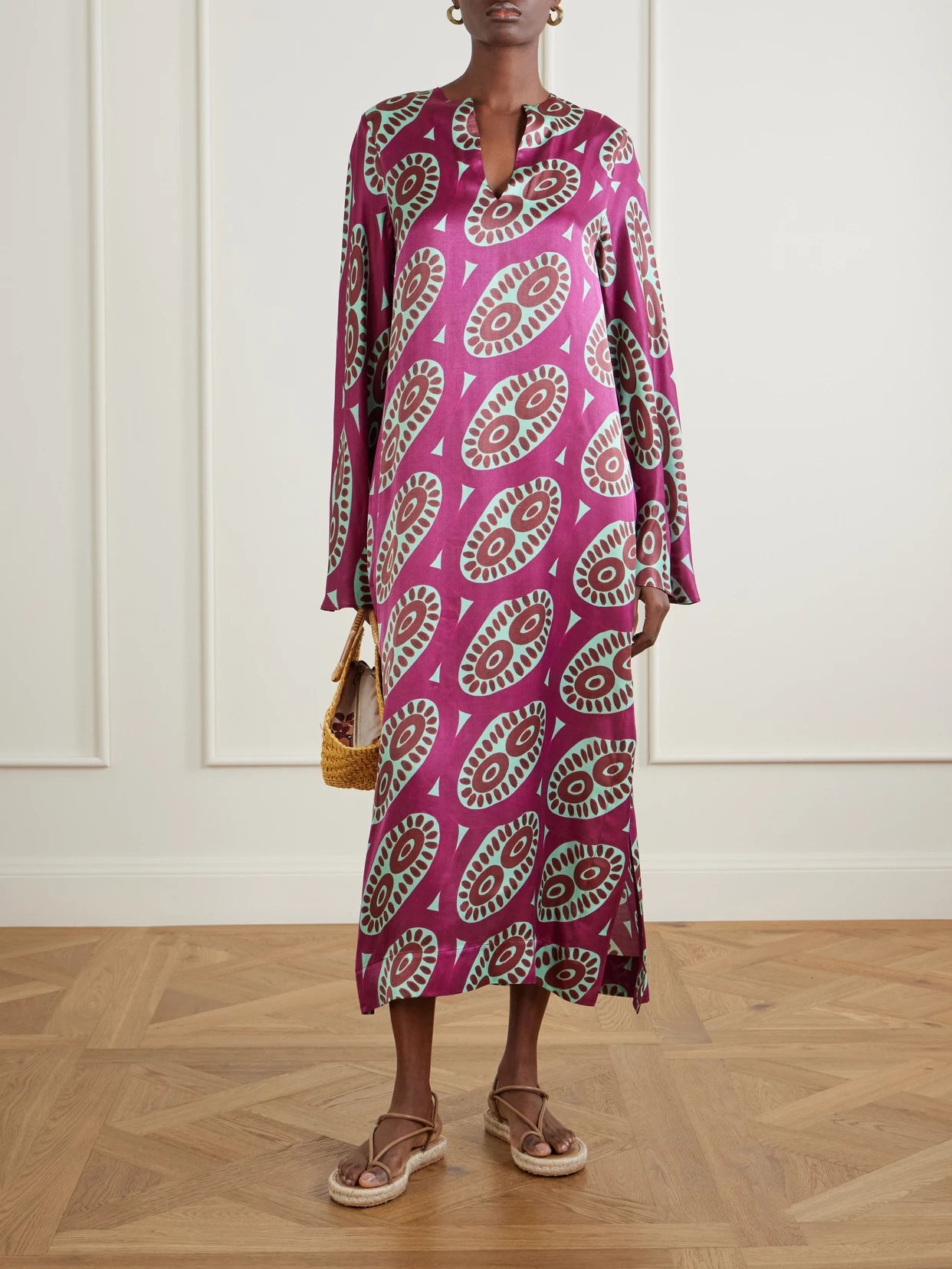 Image of Dresses. Product name - Selene Printed Silk-blend Satin Kaftan in Multi colour by brand - Themis Z
