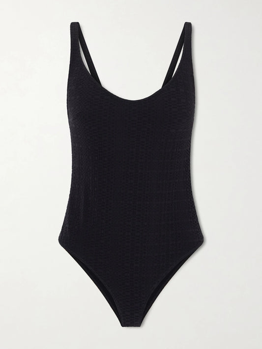 Image of Swimwear. Product name - Marilyn Stretch-seersucker Swimsuit in Black colour by brand - Lisa Marie Fernandez
