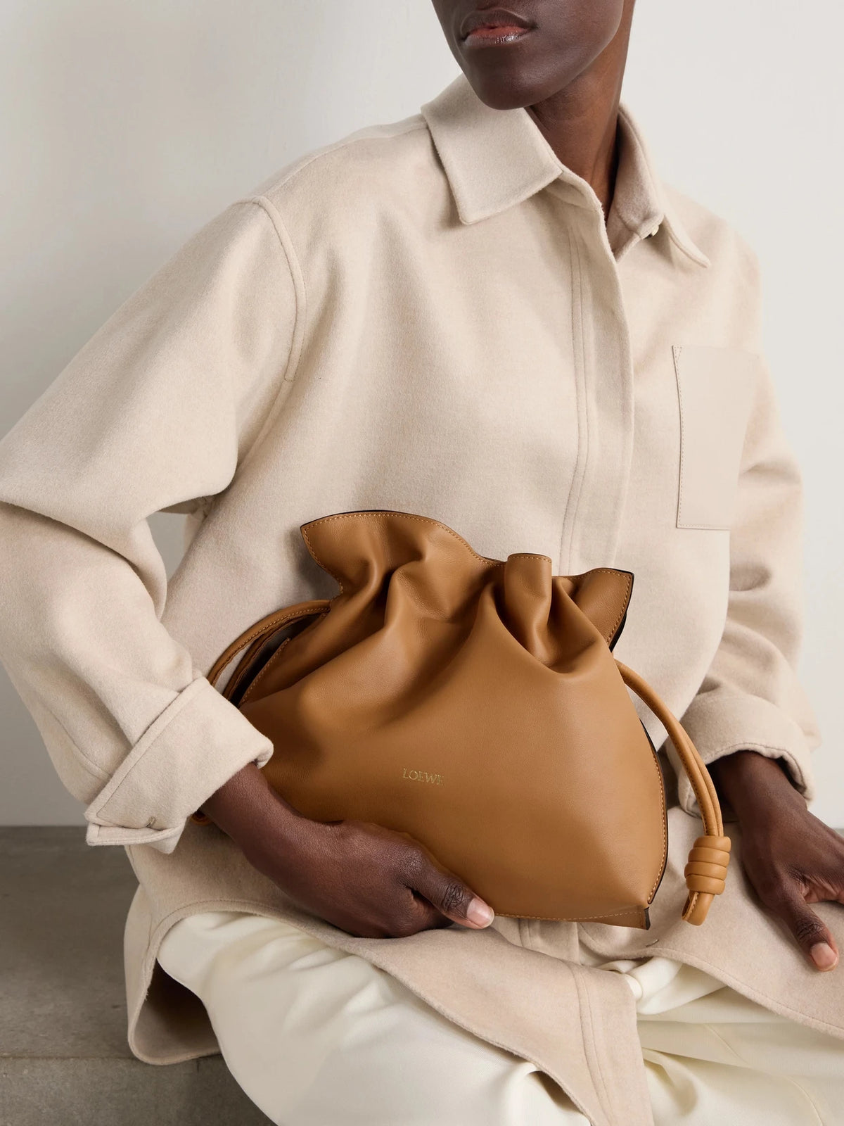 Image of Bags. Product name - Flamenco Leather Clutch in Tan colour by brand - LOEWE