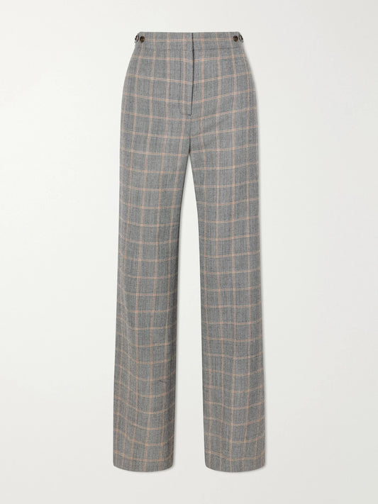 Image of a model wearing Pants. Product name - Checked Wool Straight-leg Pants in Gray colour by brand - Stella McCartney