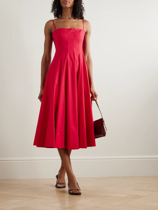 Image of Dresses. Product name - Wylie Paneled Cotton-blend Poplin Midi Dress in Red colour by brand - STAUD