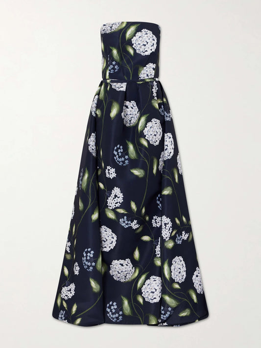 Image of Dresses. Product name - Floral-print Twill Gown in Navy colour by brand - Oscar de la Renta