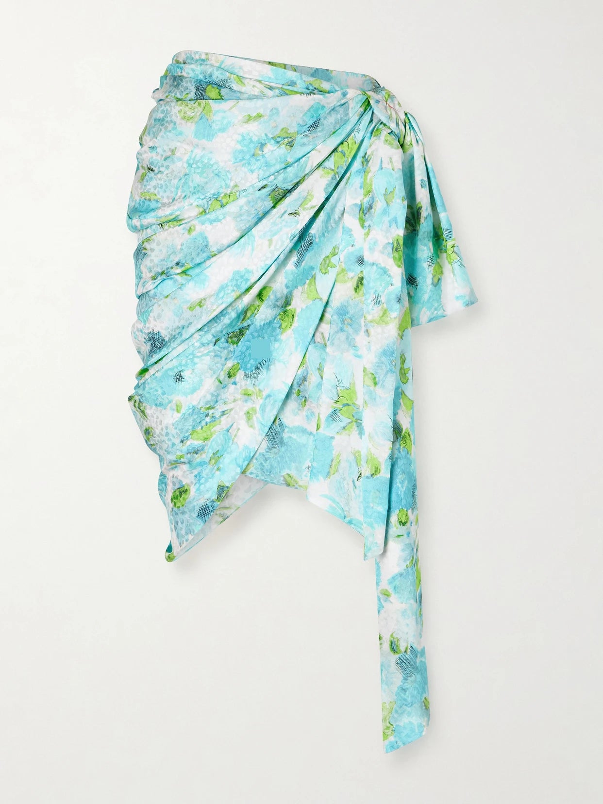 Image of a model wearing Skirts. Product name - Floral-print Silk-jacquard Draped Midi Skirt in Blue colour by brand - Chloé