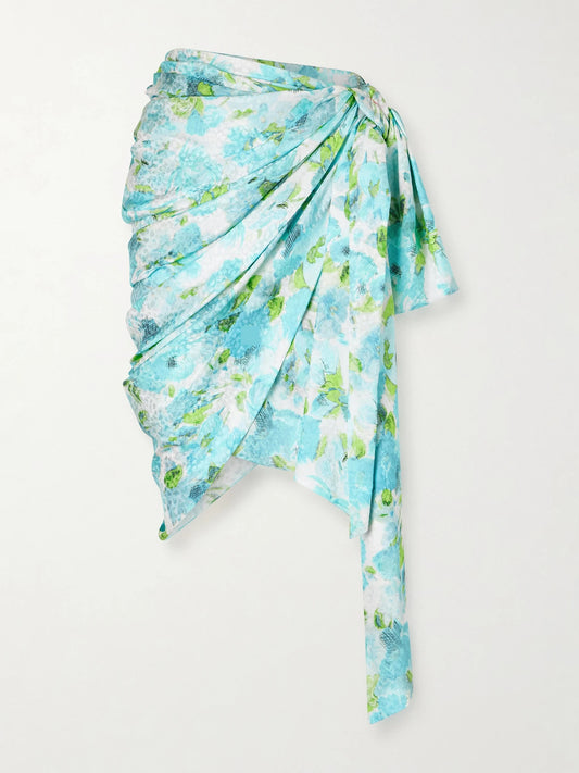 Image of a model wearing Skirts. Product name - Floral-print Silk-jacquard Draped Midi Skirt in Blue colour by brand - Chloé