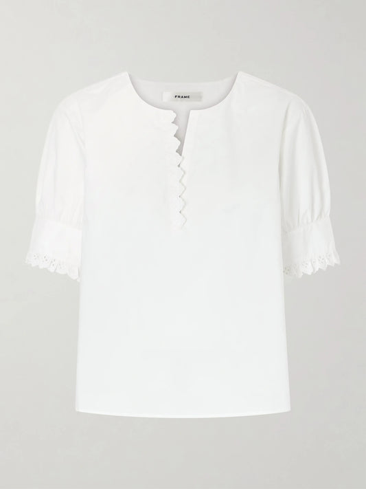 Image of a model wearing Tops. Product name - Keepsake Popover Camp-collar Cotton Blouse in White colour by brand - FRAME