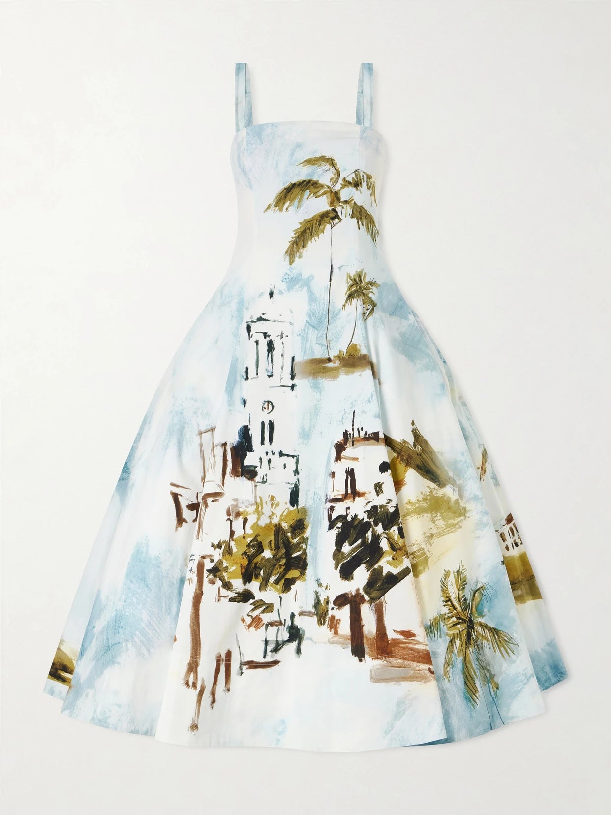 Image of Dresses. Product name - Dominican Landscape Printed Cotton-poplin Midi Dress in Light blue colour by brand - Oscar de la Renta