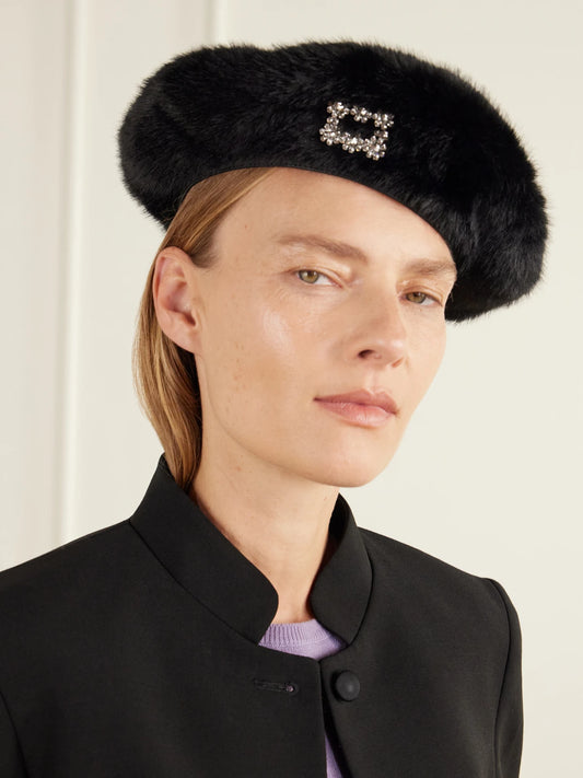 Image of Hats. Product name - Crystal-embellished Plush Beret in Black colour by brand - Roger Vivier
