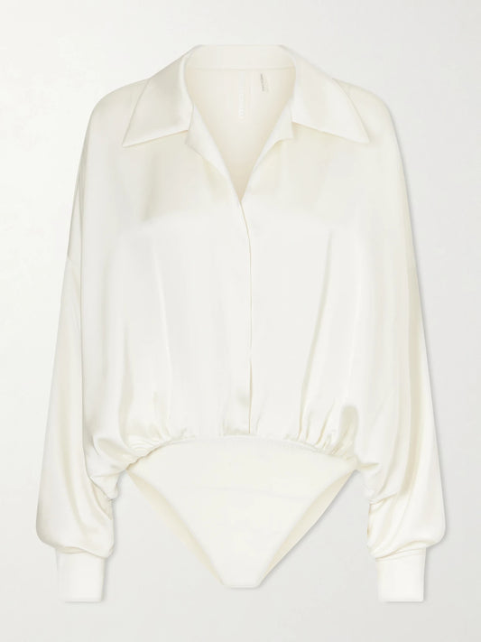 Image of Bodysuits. Product name - Boyfriend Shirt Satin Bodysuit in White colour by brand - Norma Kamali