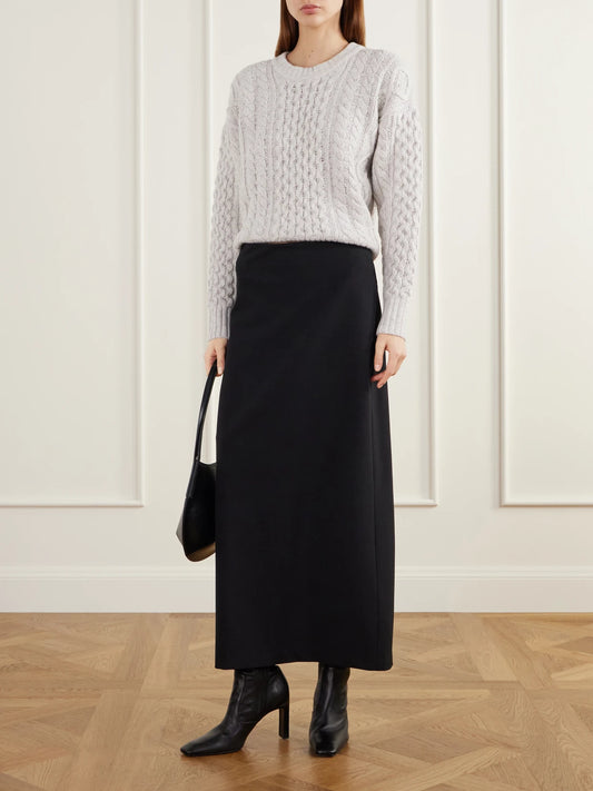 Image of a model wearing Outerwear. Product name - Cable-knit Wool And Cashmere-blend Sweater in Off-white colour by brand - Maria McManus