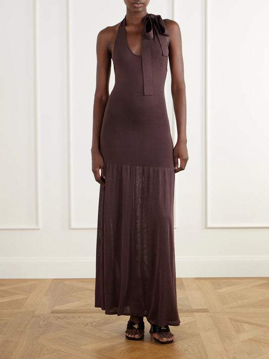 Image of Dresses. Product name - Fairlight Pleated Stretch-jersey Halterneck Midi Dress in Chocolate colour by brand - Zimmermann