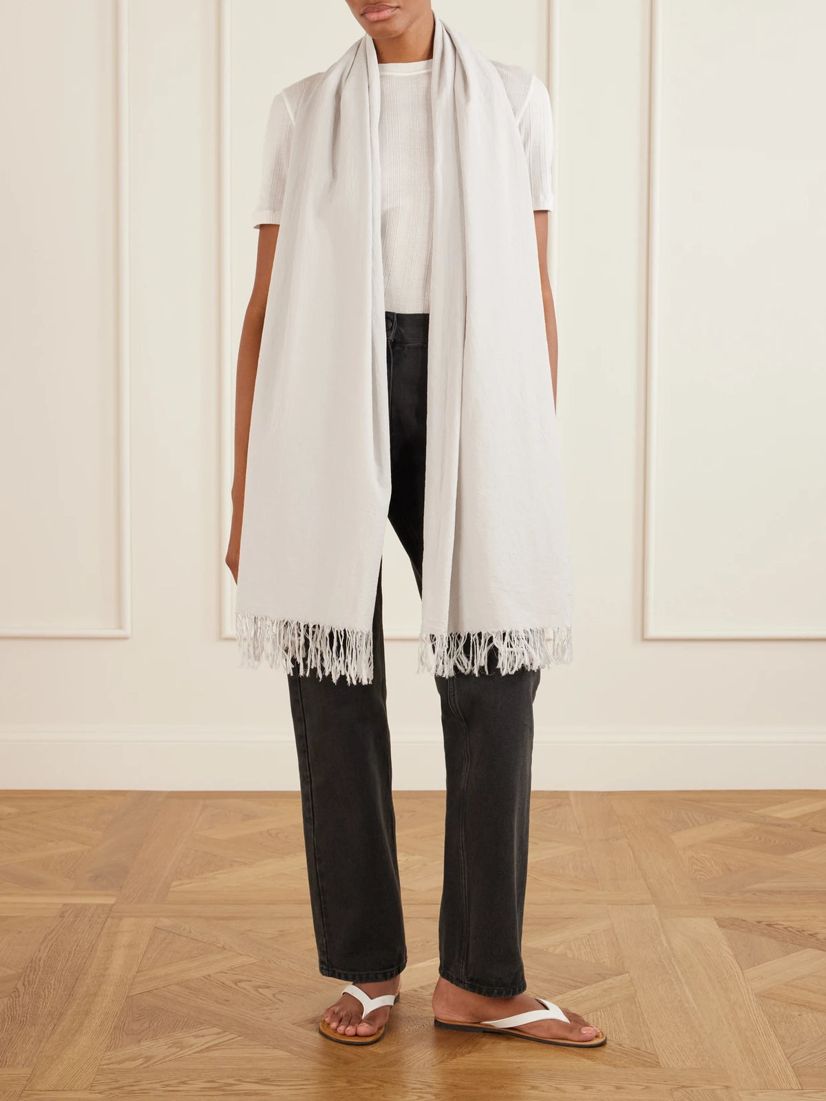 Image of Scarves & Shawls. Product name - Parla Fringed Cotton Scarf in Light gray colour by brand - The Row