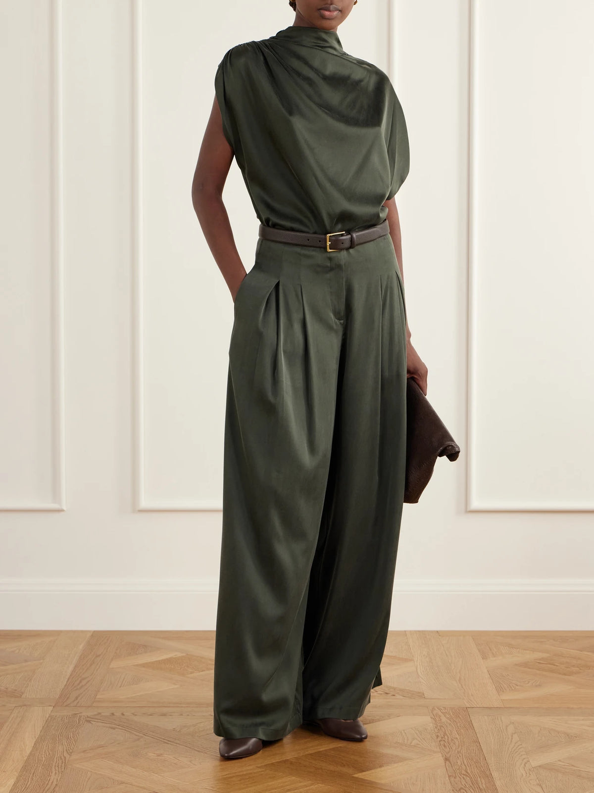 Image of Outfit Sets. Product name - Drew Pleated Silk-blend Charmeuse Mid-rise Wide-leg Pants in Green colour by brand - TWP