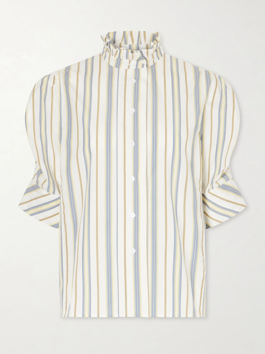 Image of Blouses. Product name - Vita Striped Cotton Blouse in Cream colour by brand - Thierry Colson