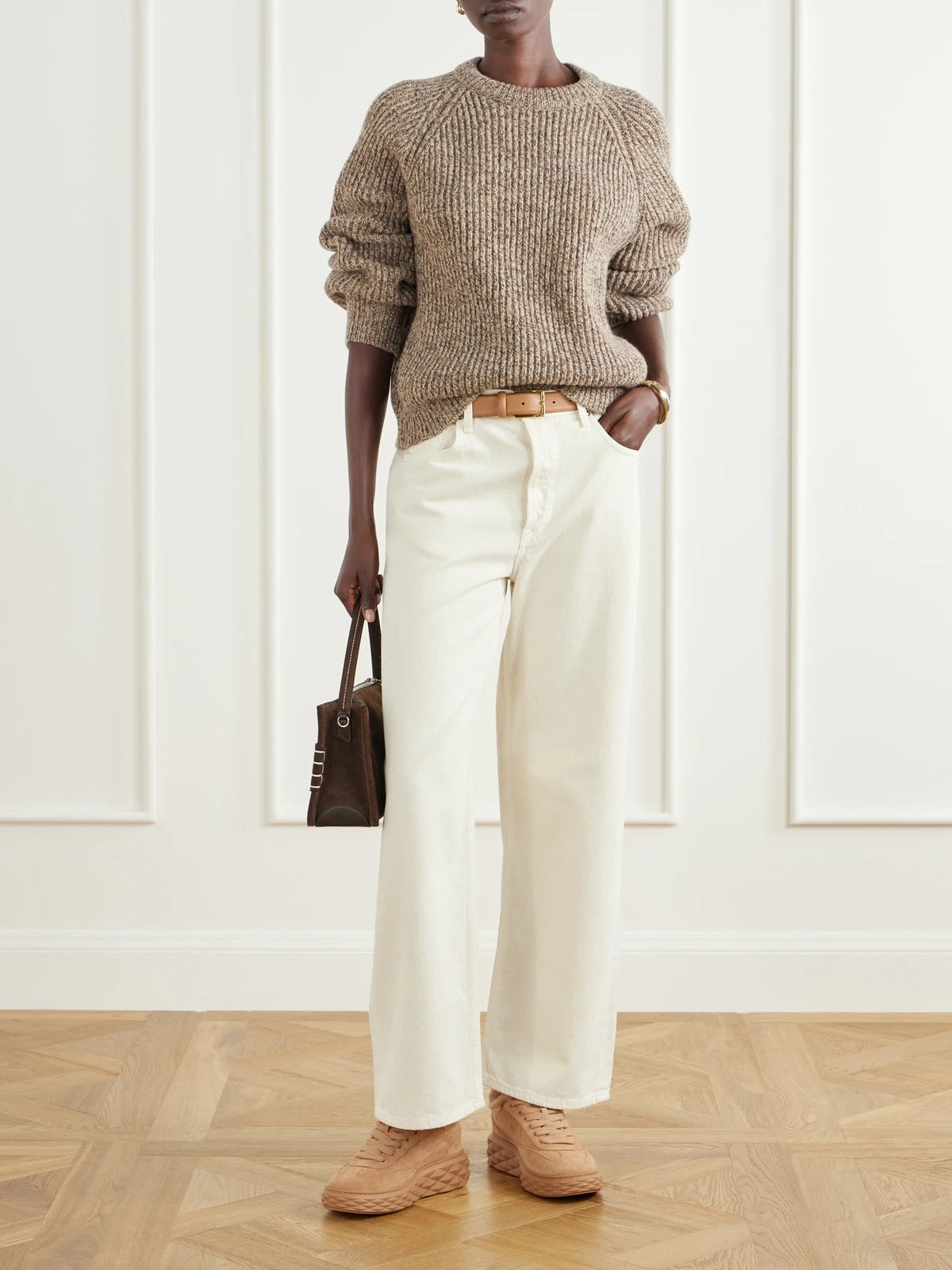 Image of Flats. Product name - Diamond Maxi Retro Shearling-trimmed Suede Sneakers in Tan colour by brand - Jimmy Choo
