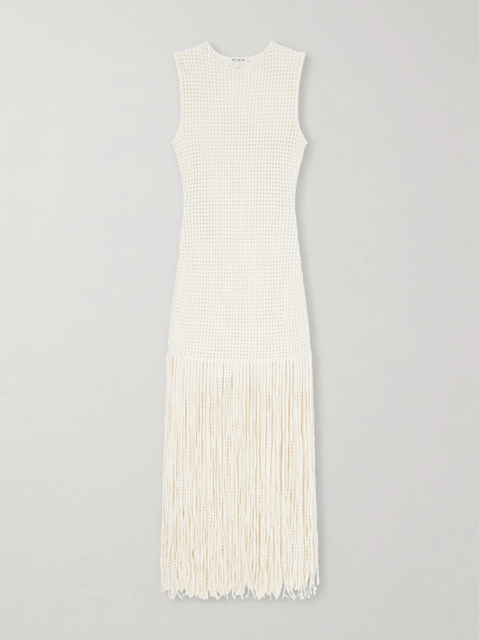 Image of Dresses. Product name - Fringed Open-knit Midi Dress in White colour by brand - Alaïa