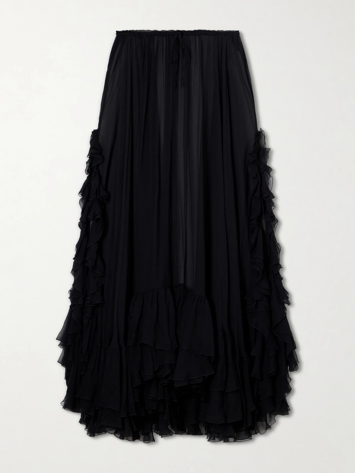 Image of a model wearing Skirts. Product name - Ruffled Silk-crepon Maxi Skirt in Black colour by brand - Chloé