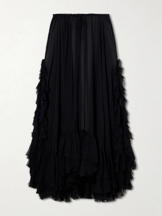 Image of a model wearing Skirts. Product name - Ruffled Silk-crepon Maxi Skirt in Black colour by brand - Chloé