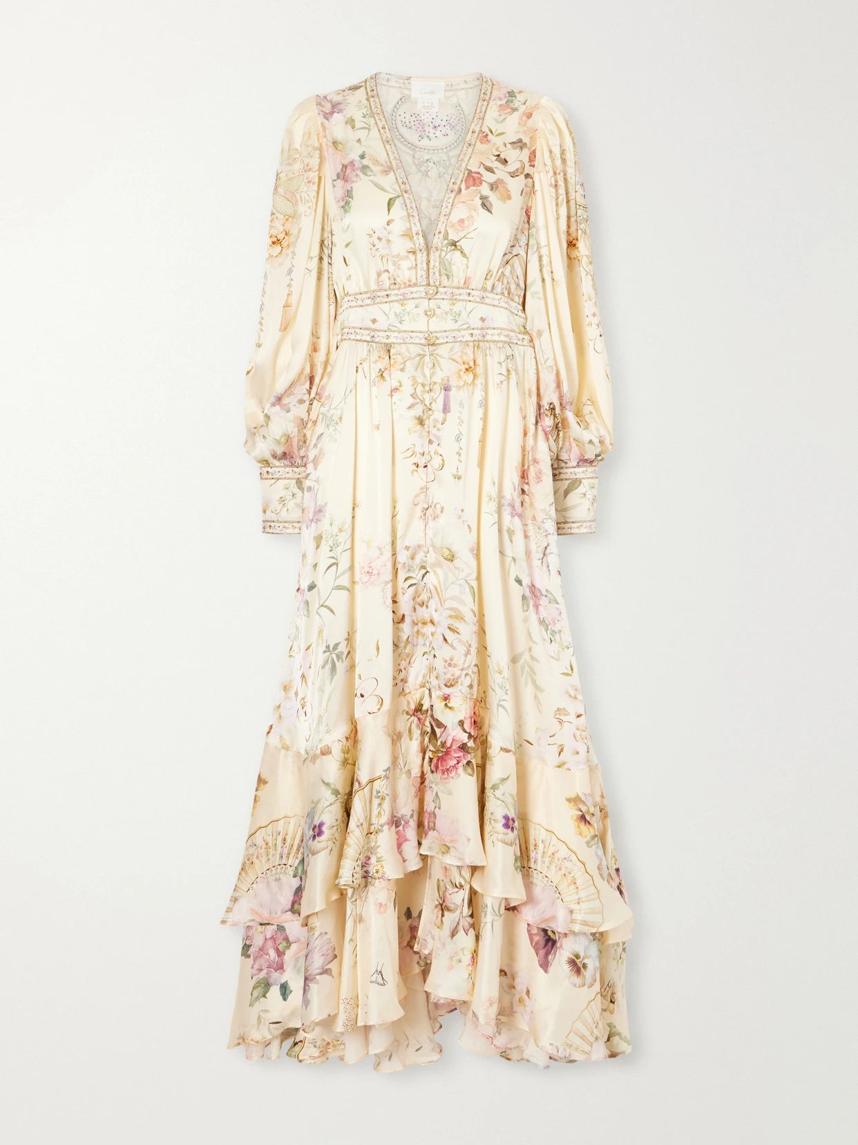 Image of Dresses. Product name - Crystal-embellished Tiered Floral-print Silk-chiffon Midi Dress in Cream colour by brand - Camilla