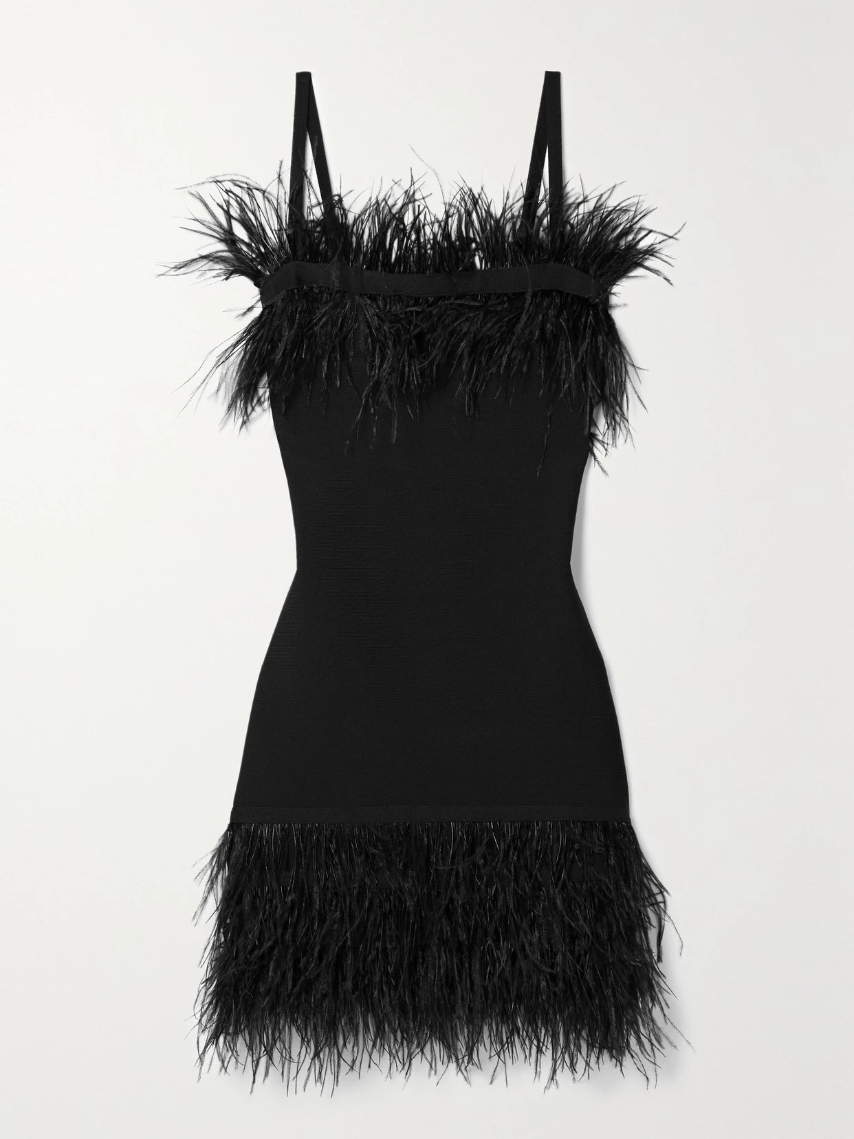 Image of Dresses. Product name - Etta Feather-trimmed Knitted Mini Dress in Black colour by brand - STAUD