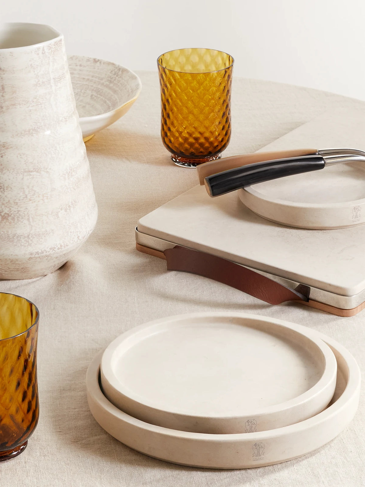 Image of Tableware. Product name - Set Of Three Stone Plates in Neutral colour by brand - Brunello Cucinelli