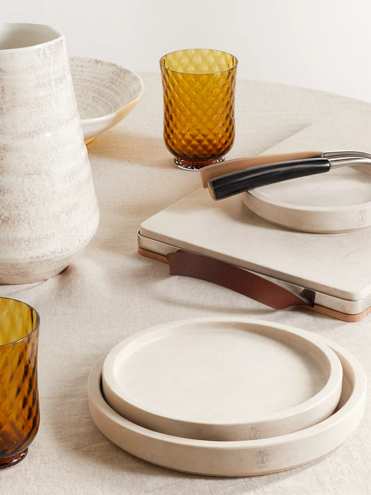 Image of Tableware. Product name - Set Of Three Stone Plates in Neutral colour by brand - Brunello Cucinelli