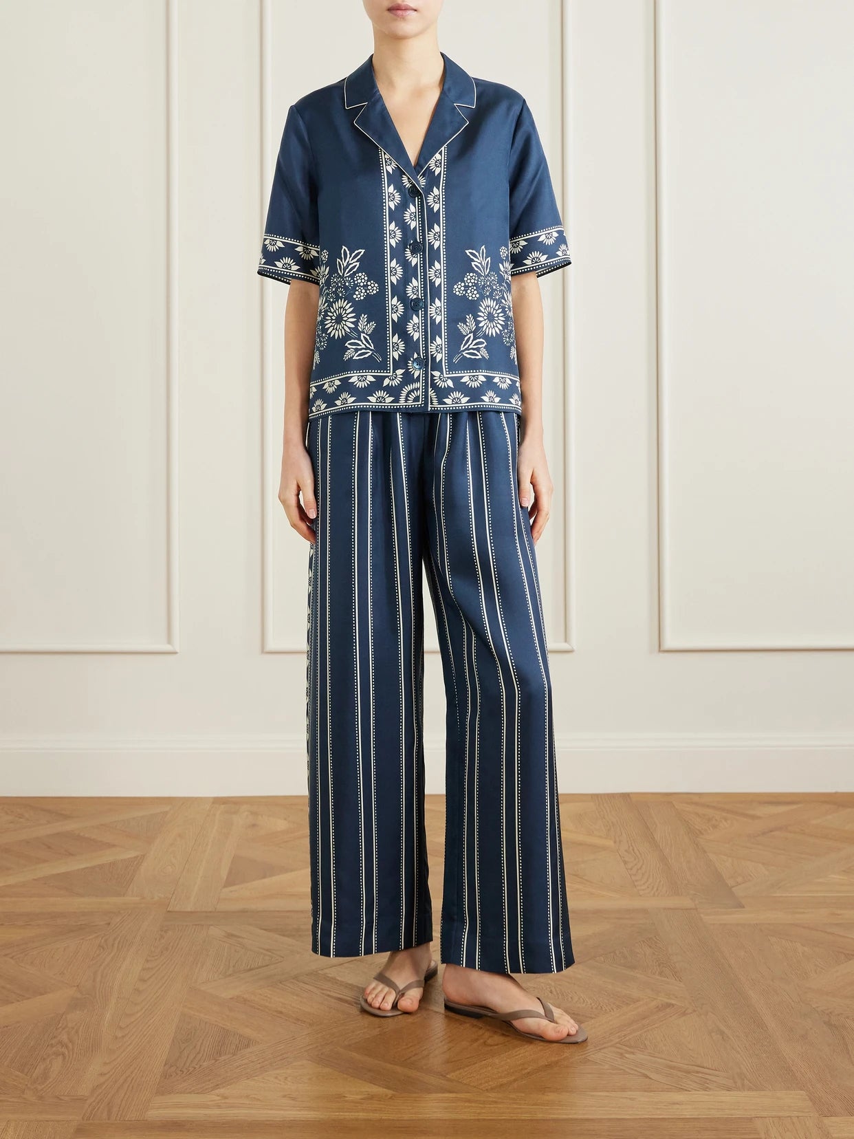 Image of Sleepwear & Loungewear. Product name - Infusion Floral-print Silk-twill Shirt in Navy colour by brand - Eres