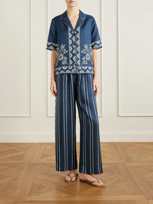 Image of Sleepwear & Loungewear. Product name - Infusion Floral-print Silk-twill Shirt in Navy colour by brand - Eres