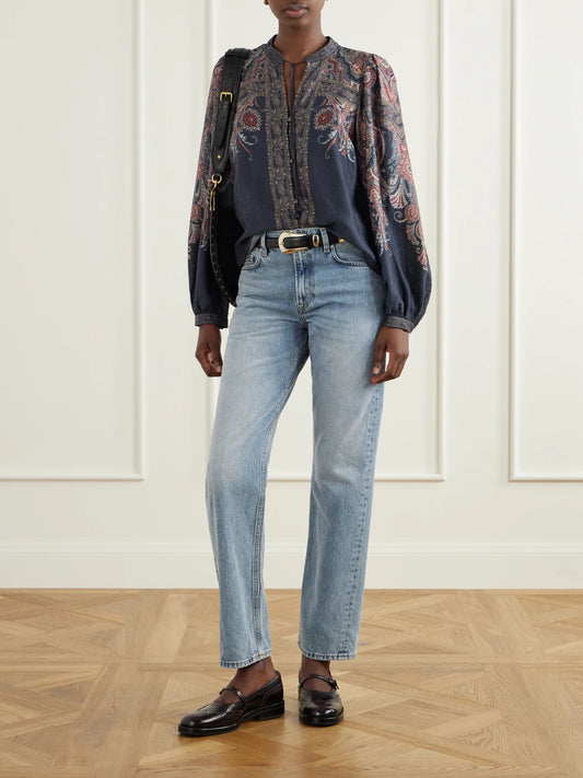 Image of a model wearing Tops. Product name - Hyacinth Tie-detailed Printed Chiffon Blouse in Navy colour by brand - Sea
