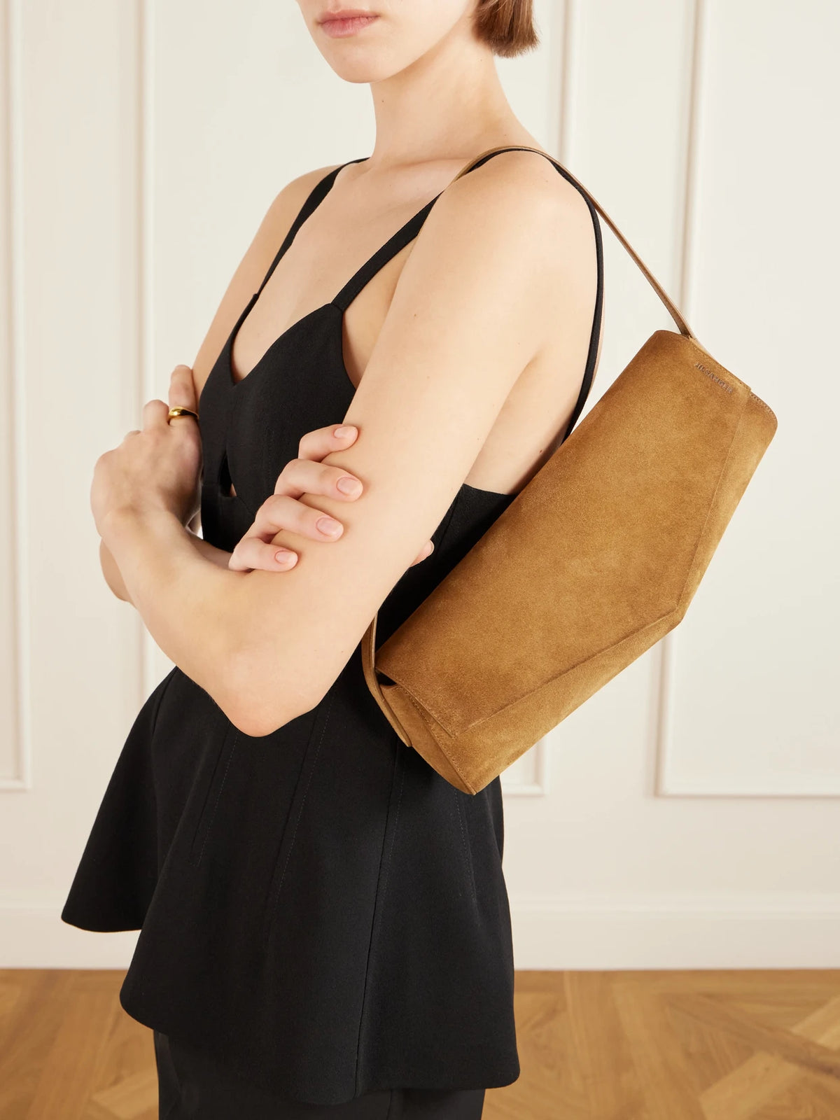 Image of Bags. Product name - Kante Suede Shoulder Bag in Tan colour by brand - Jil Sander