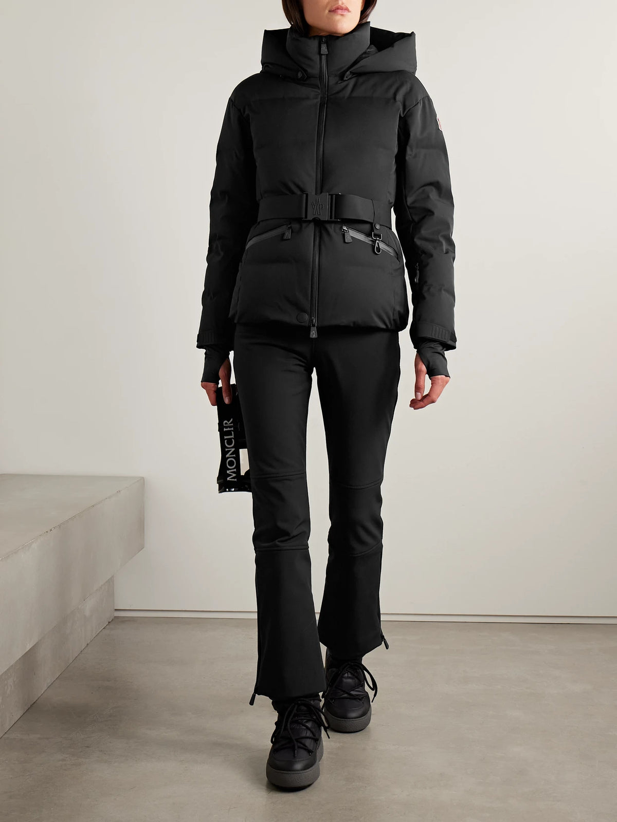 Image of Coats & Jackets. Product name - Tolima Hooded Belted Quilted Down Ski Jacket in Black colour by brand - Moncler Grenoble