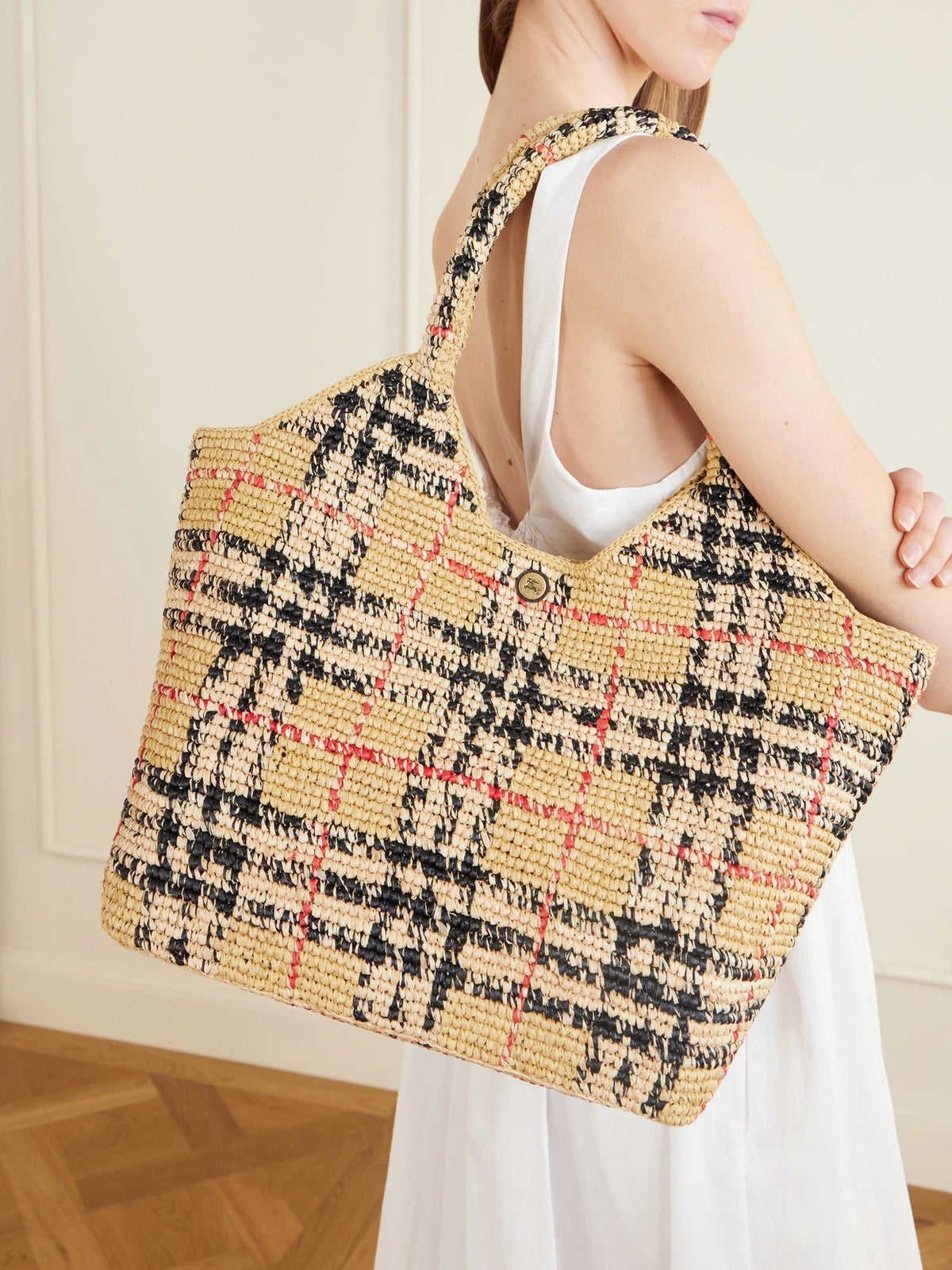 Margate Checked Woven Raffia Tote