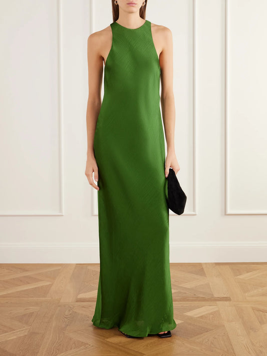 Image of Dresses. Product name - Plissé-satin Maxi Dress in Green colour by brand - Tibi