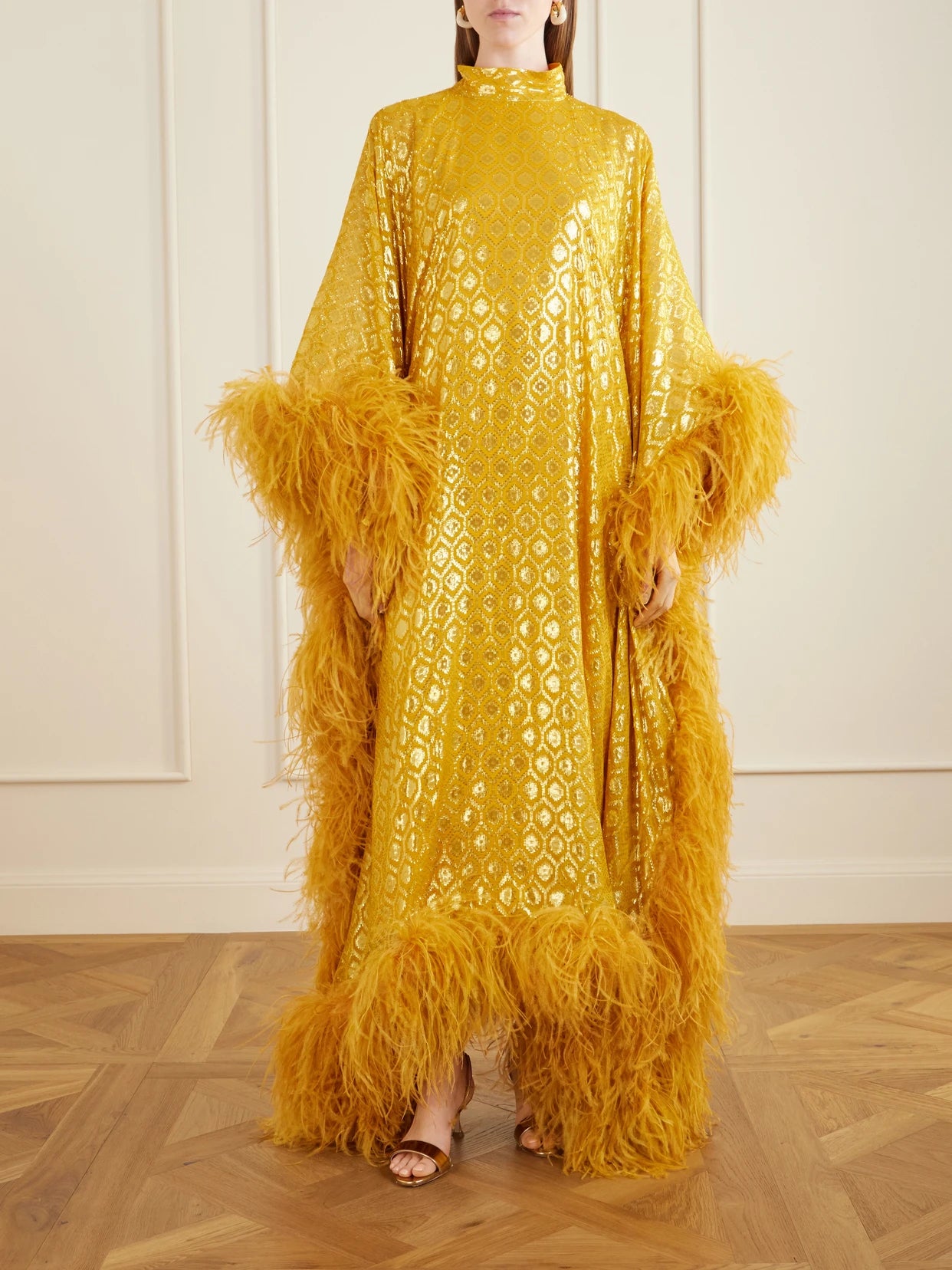 Image of Dresses. Product name - Casta Diva Feather-trimmed Jacquard-knit Metallic Fil Coupé Silk-blend Gown in Marigold colour by brand - Taller Marmo