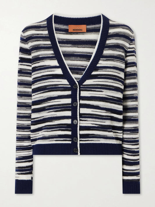 Image of a model wearing Outerwear. Product name - Striped Cashmere And Wool-blend Cardigan in Black colour by brand - Missoni