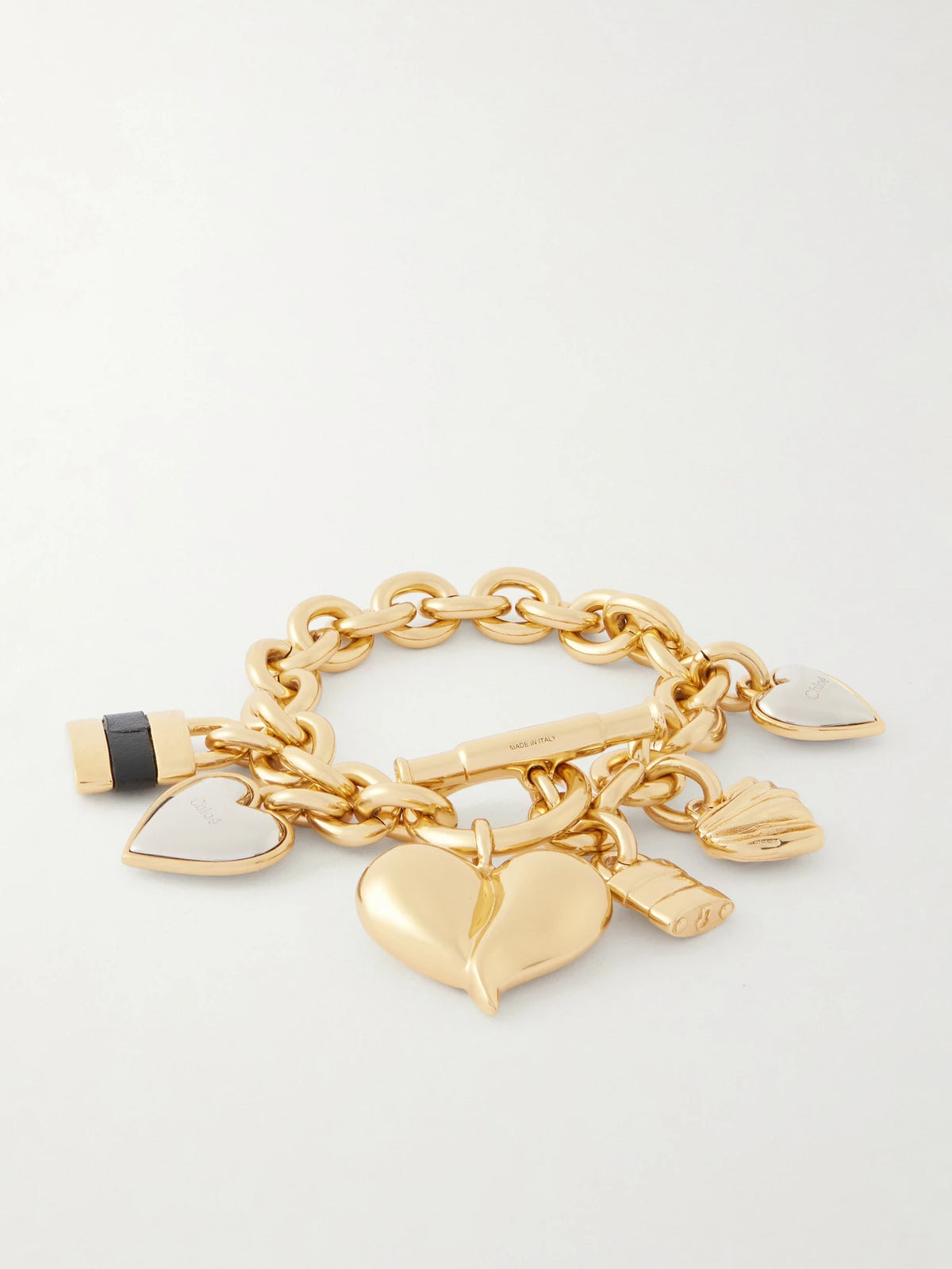 Logo-detailed Leather-trimmed Gold And Silver-tone Charm Bracelet