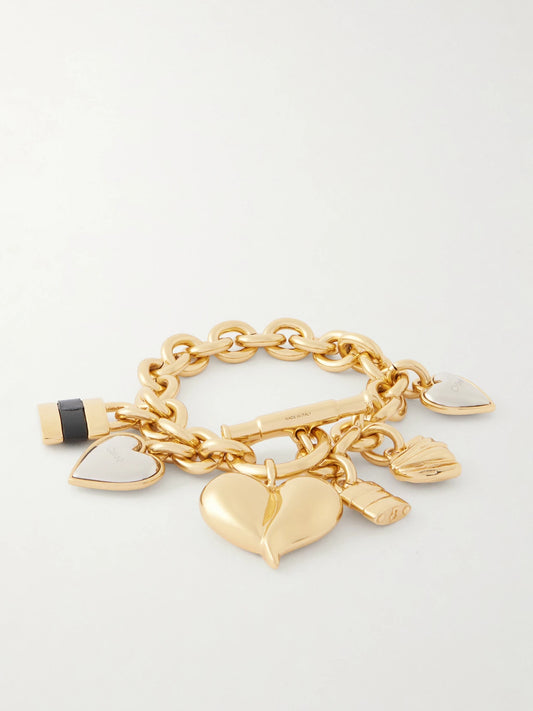 Logo-detailed Leather-trimmed Gold And Silver-tone Charm Bracelet