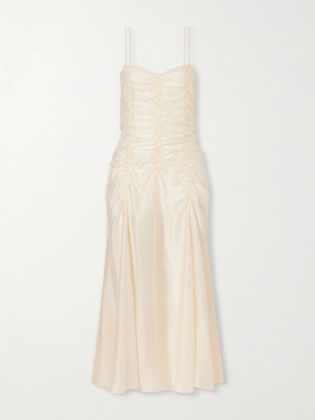 Image of Dresses. Product name - Raina Ruched Silk-blend Midi Dress in Ivory colour by brand - KHAITE