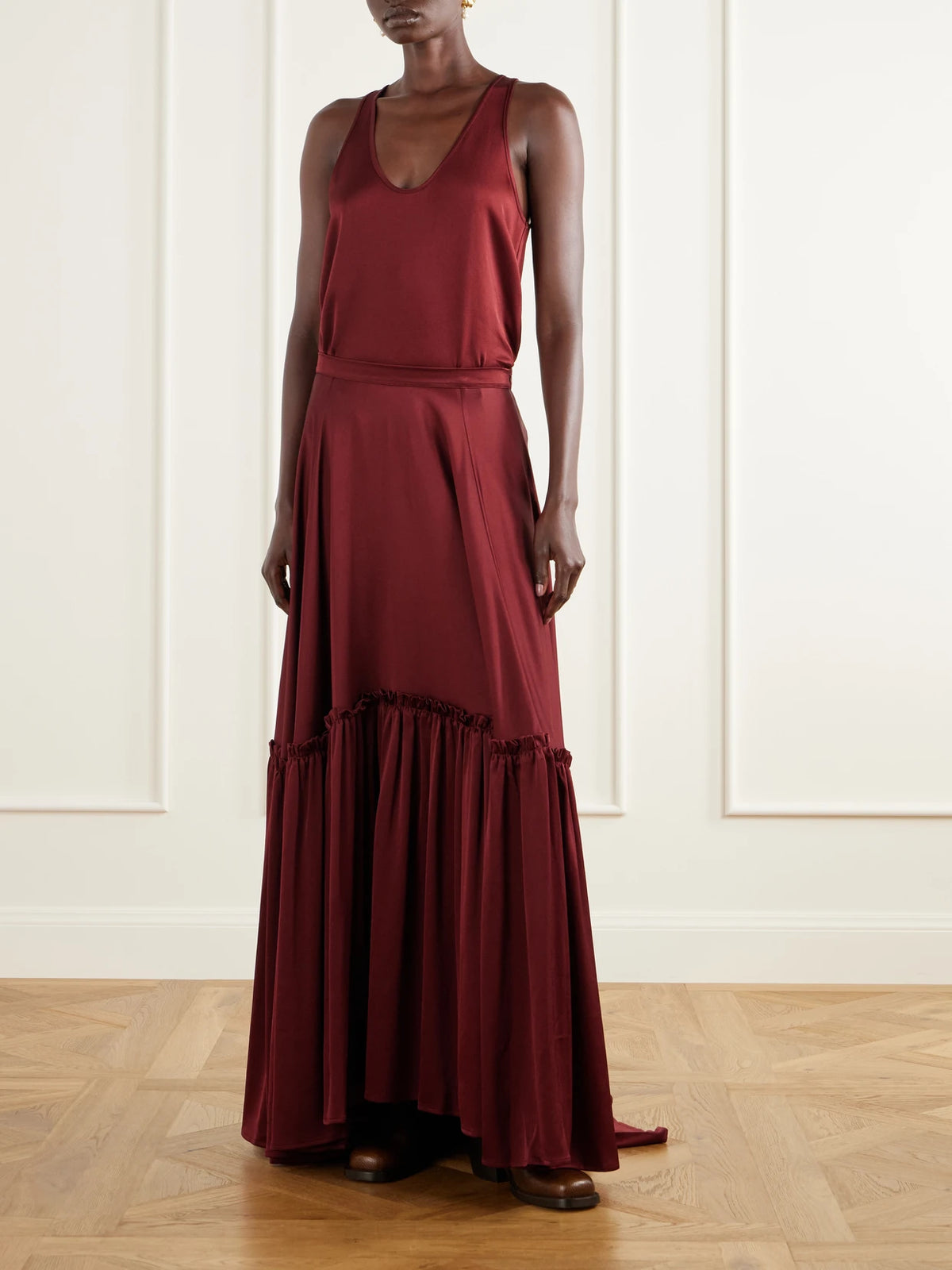 Giuliva Heritage The Margot Ruffled Tiered Satin Maxi Skirt