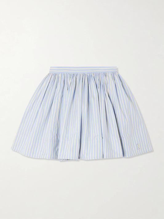 Image of a model wearing Skirts. Product name - Embellished Pleated Striped Cotton-poplin Mini Skirt in Blue colour by brand - RABANNE