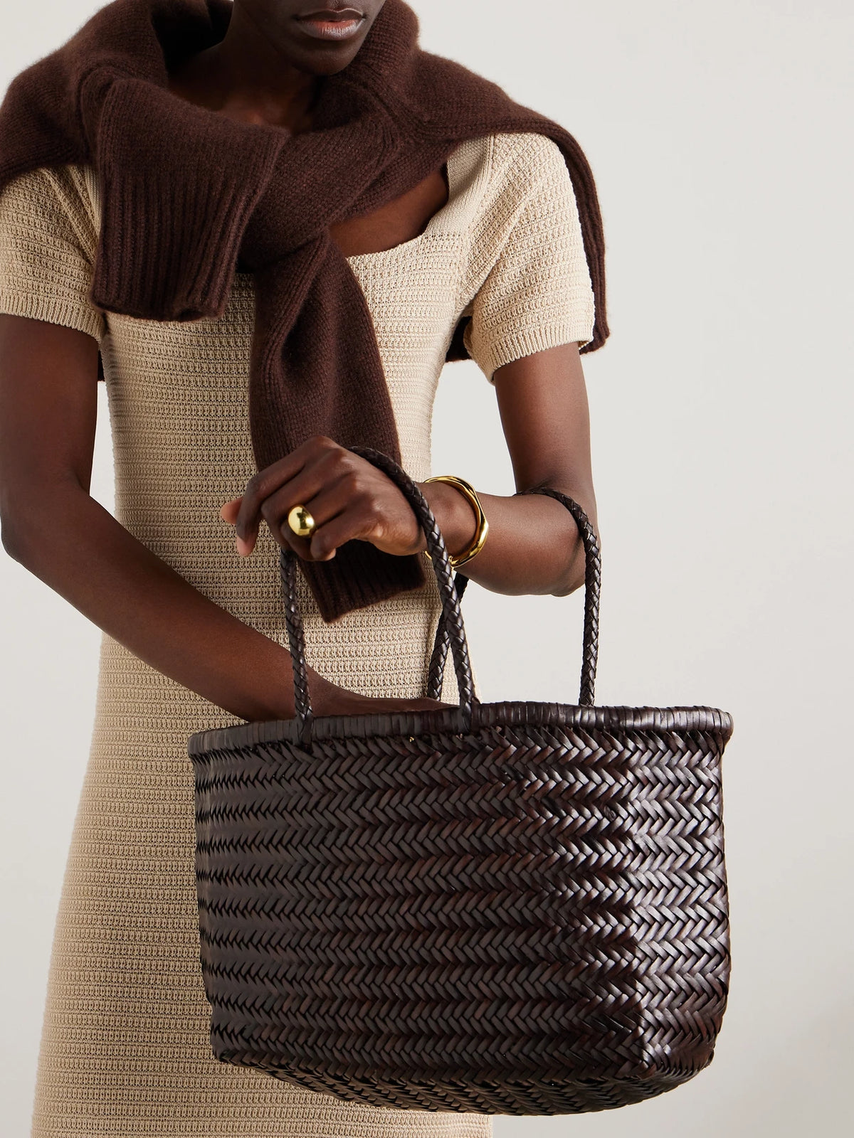 Image of Bags. Product name - Bamboo Triple Jump Woven Leather Tote in Dark brown colour by brand - Dragon Diffusion
