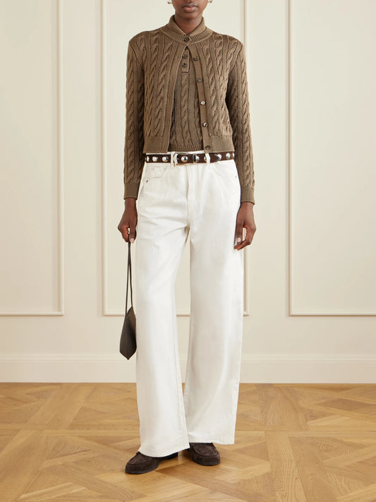 Image of a model wearing Outerwear. Product name - Cable-knit Stretch-silk Cardigan in Light brown colour by brand - Ralph Lauren Collection