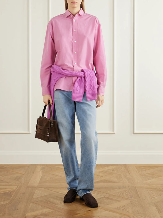 Image of a model wearing Tops. Product name - Cotton And Silk-blend Shirt in Pink colour by brand - Polo Ralph Lauren